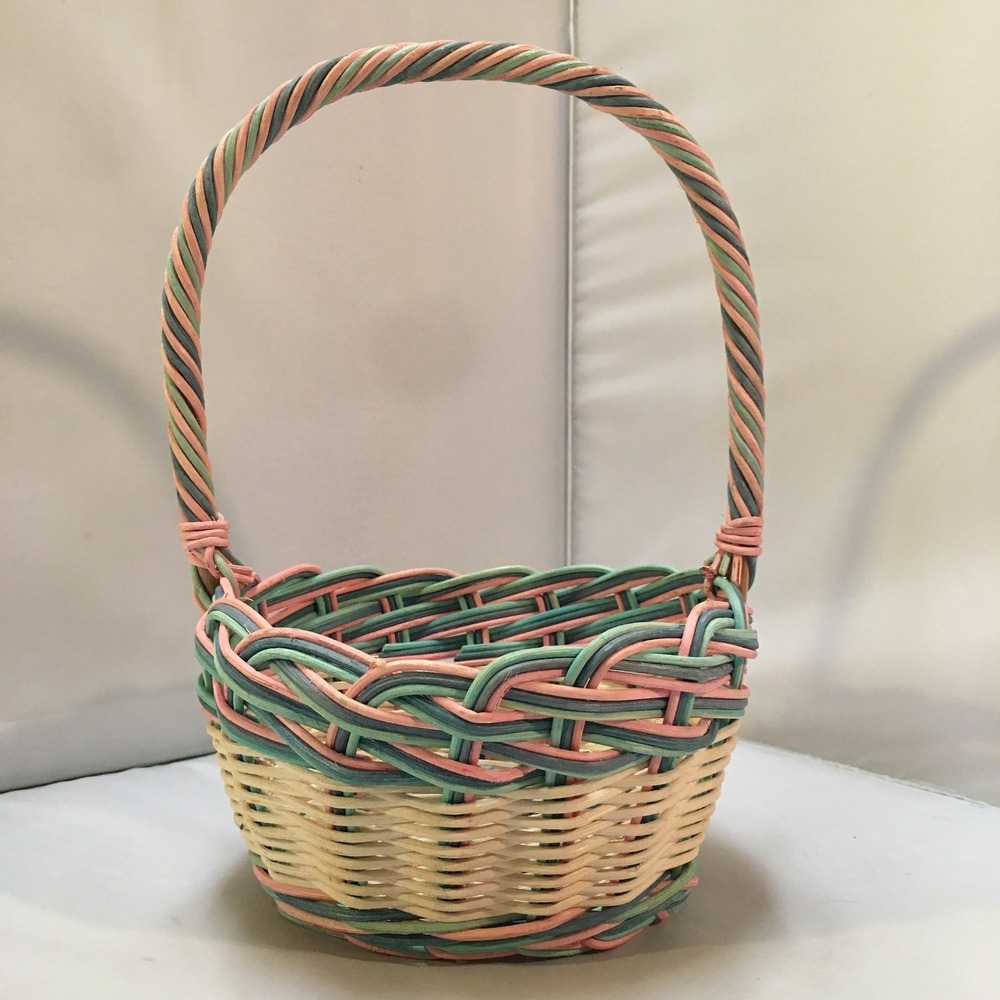 Woven Wicker Easter Basket Small Pastel Pink Green Cream with Handle Cottagecore